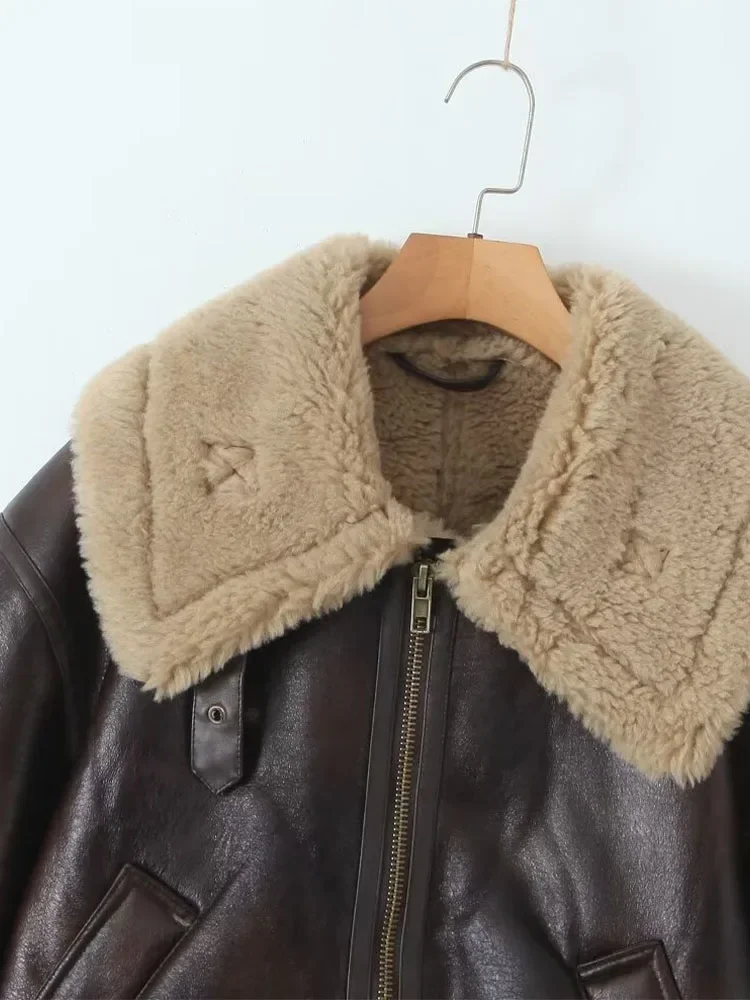 LIBIELIY 솔리드 컬러 느슨한 두꺼운 따뜻한 옷깃 모조 양가죽 겨울 새로운 긴팔 오토바이 자켓 여성 가죽 자켓