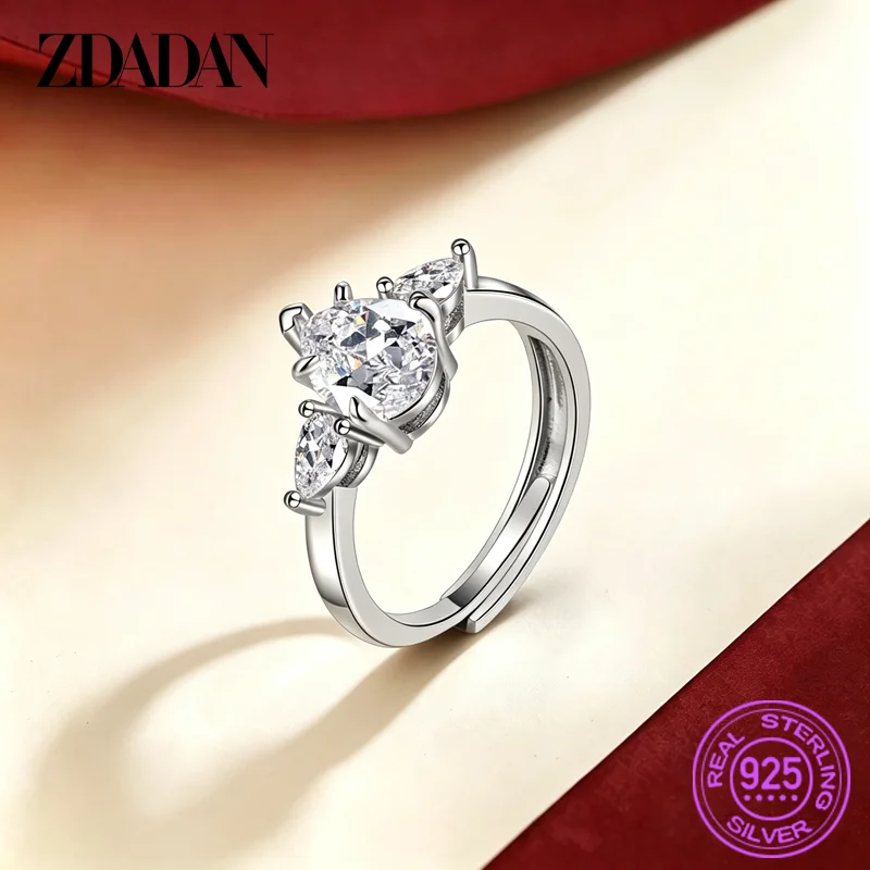 ZDADAN 925 Sterling Silver Moissanite Teardrop Adjustable Rings For Women Wedding Charm Jewelry