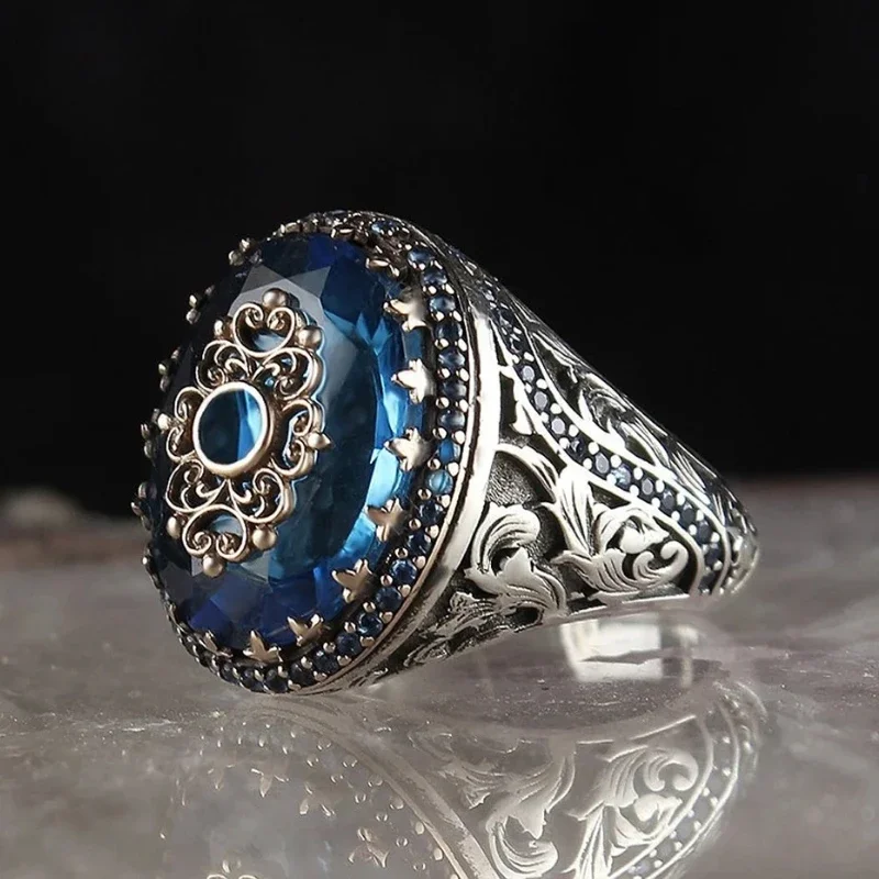 Retro Handmade Turkish Ring For Men Vintage Double Swords Black Zircon Rings Punk 2024 Trendy Islamic Religious Muslim Jewelry