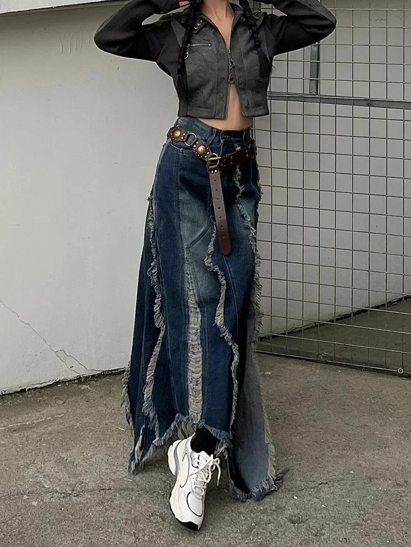 Women Vintage Skirts Denim Long Skirt Harajuku Y2k 2000s 90s Aesthetic Streetwear Fashion Korean Style A-Line Jean Skirt Clothes