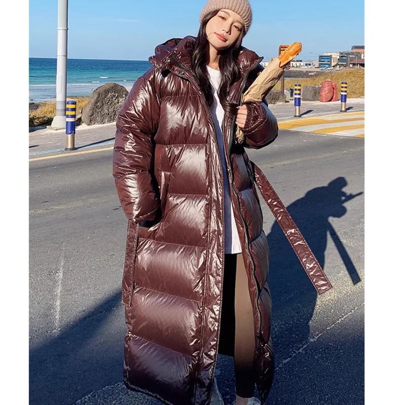 Cor de chocolate longo para baixo jaqueta feminina inverno extra longo engrossar solto pato branco para baixo casacos feminino com capuz neve parka casaco