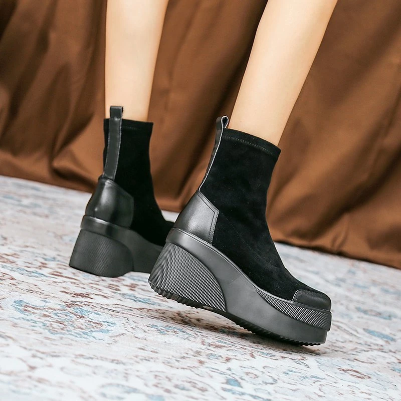 Women\'s Boots 2022 Autumn Winter Botines Chelsea Short Platform Shoes Chunky Elegant Ankle Black  and Low Price