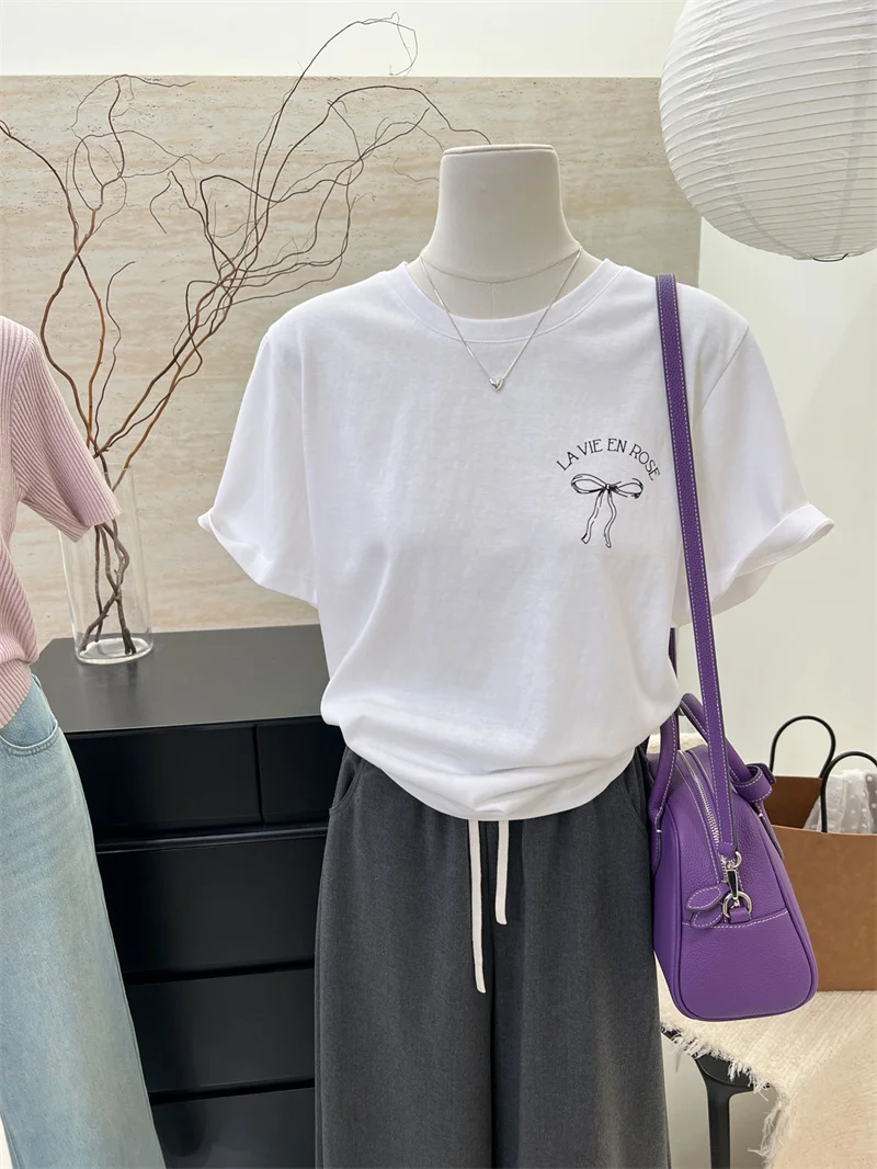 

Minimalist Summer New Women's T-shirt Simple Knot Print Pure Cotton Short Sleeve round Neck Korean Style White Tee Top