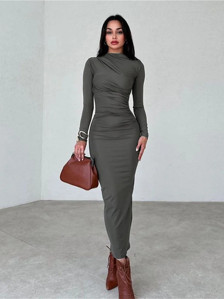 NIBBER damska elegancka, solidna, patchworkowa sukienka Maxi z okrągłym dekoltem, pełna, długa rękawy, modelująca sylwetkę szata Lady strój wieczorowy Vestidos — zdjęcie 6