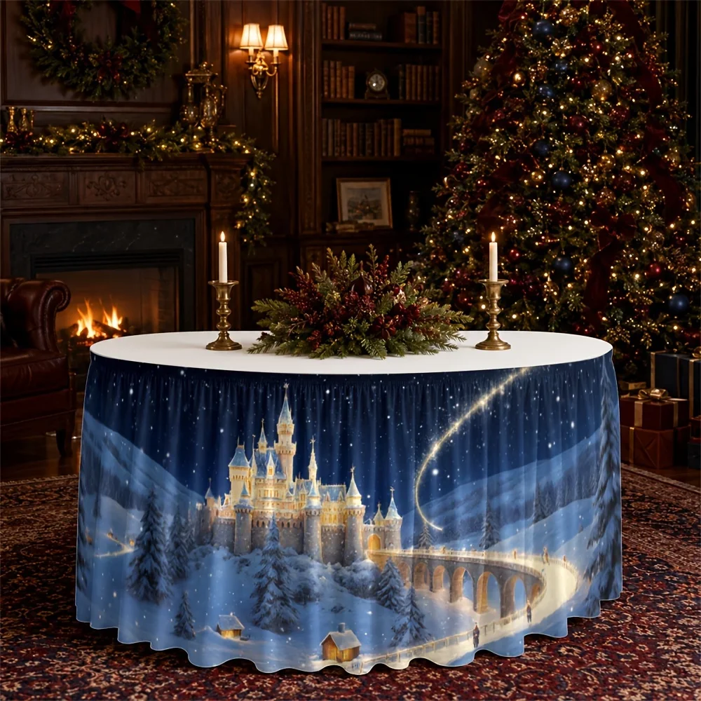 One-piece dress with magic winter castle print. Fairy tale of snowy forest.