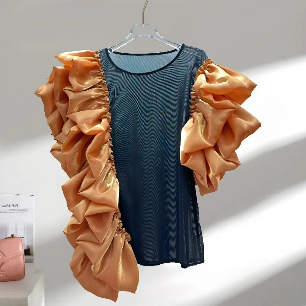 

Оптовая продажа: Новая модная женская рубашка 2025 года в стиле ретро, с круглым вырезом, плиссированная, свободного кроя, с длинными рукавами, асимметричная