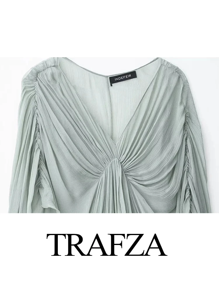 TRAFZA المرأة فستان صيفي أنيق الخامس الرقبة عارية الذراعين قصيرة الأكمام الصلبة فضفاض مطوي فساتين متوسطة الطول الإناث فستان طويل مثير غير رسمي