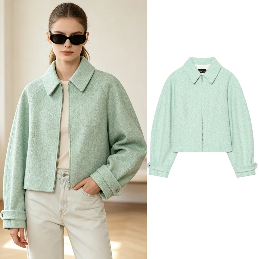 Women Vintage Blue Single Breasted Jackets Women 2026 Fall New Chic Causal Folds Sleeve Stand Collar Coats High Street Lady Top