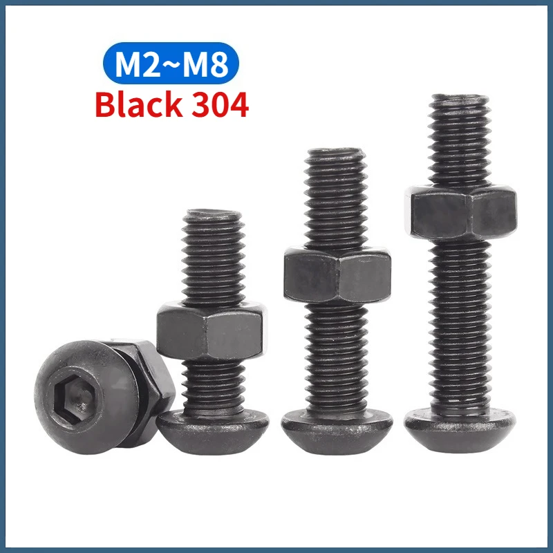 Socket Button Screws Dome Head Hex Allen Bolts and Hexagon Full Nuts Set Black 304 Stainless Steel M2 M2.5 M3 M4 M5 M6 M8