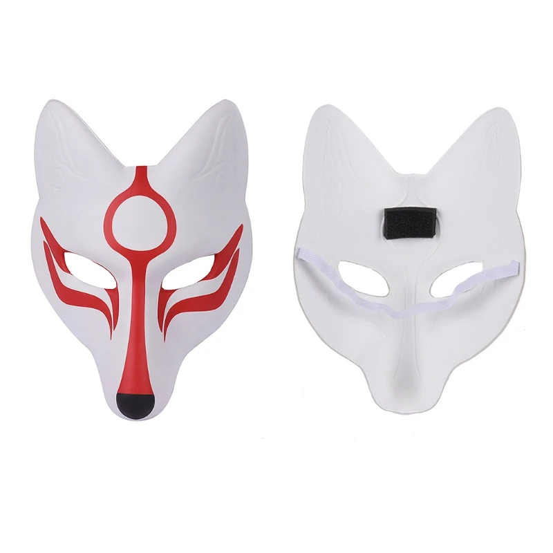 Pu Leather Japanese Kabuki Kitsune Foxes Masks Japanese Anime Cosplay Halloween Party Costume Props with Elastic Belt