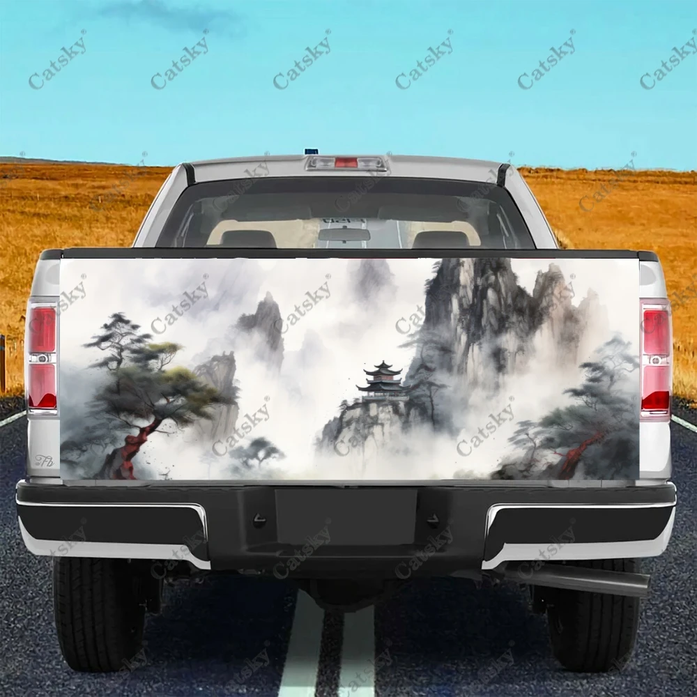 Chinese Landscape Oil Painting Truck Tailgate Wrap Professional Grade Material Universal Fit for Full Size Trucks Weatherproof