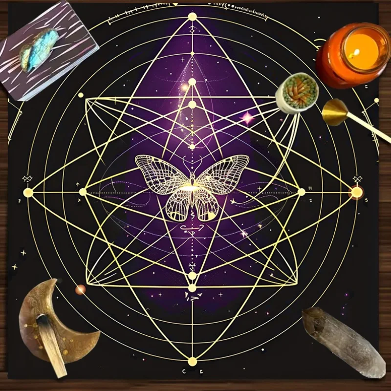 Mystic Butterfly Tarot Tablecloth - Purple & Gold Celestial Design for Meditation, Astronomy Parties, Bohemian Decor