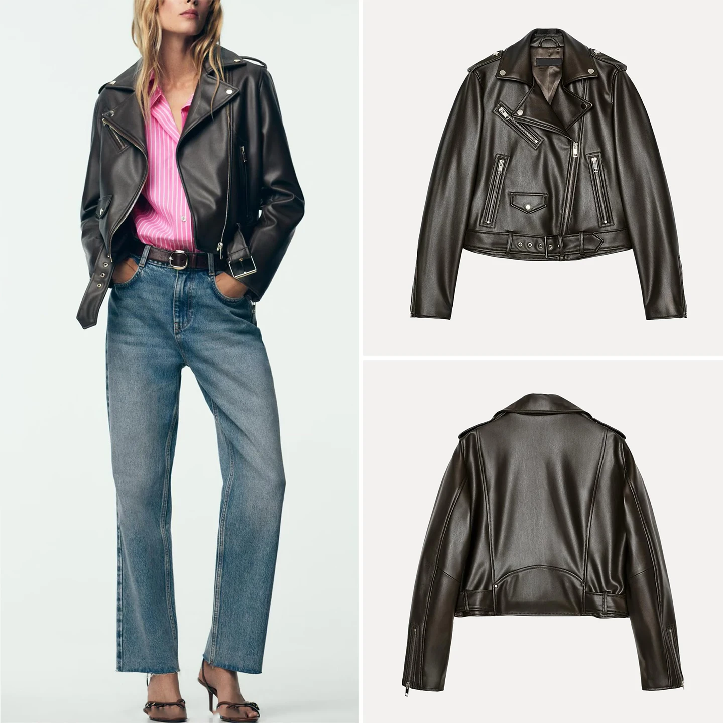 Z Women's Faion Casual Sle Leather Jaet Motorcycle Coat Artificial Leather New Arrival 2025 Autumn Stand Fit