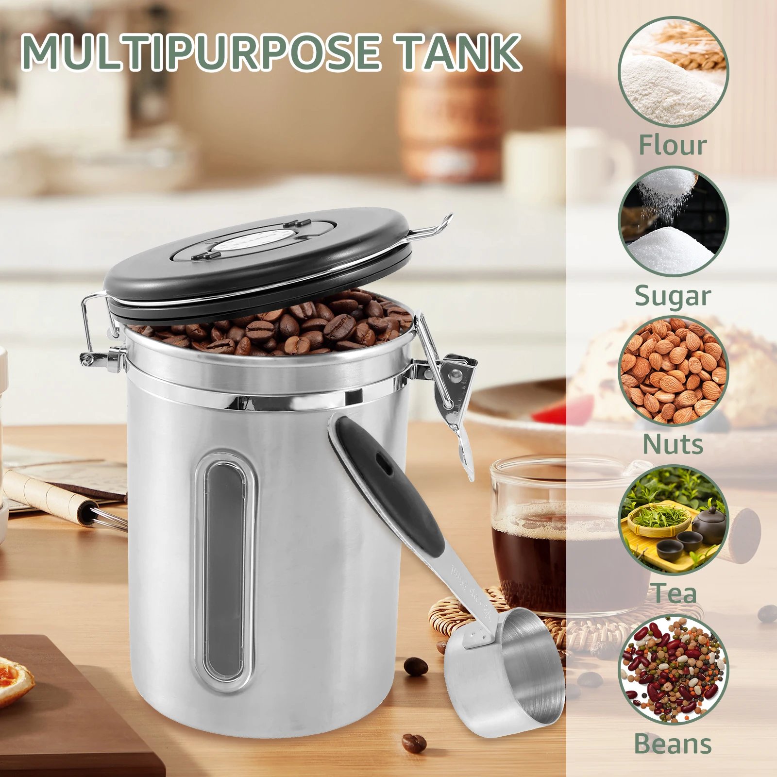 1.8L Coffee Bean Vacuum Sealed Tank Stainless Steel Multifunctional Storage Canister with Date Tracker Scoop for Tea Flour Cerea