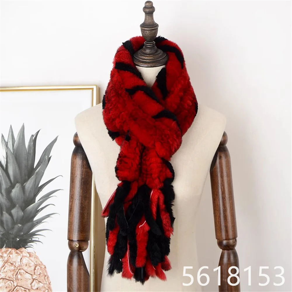 

New Black and Red Rex Rabbit Hair Scarf for Women's Winter Korean Version Tassel Fur Warmth Scarf with Double-sided Real Hair