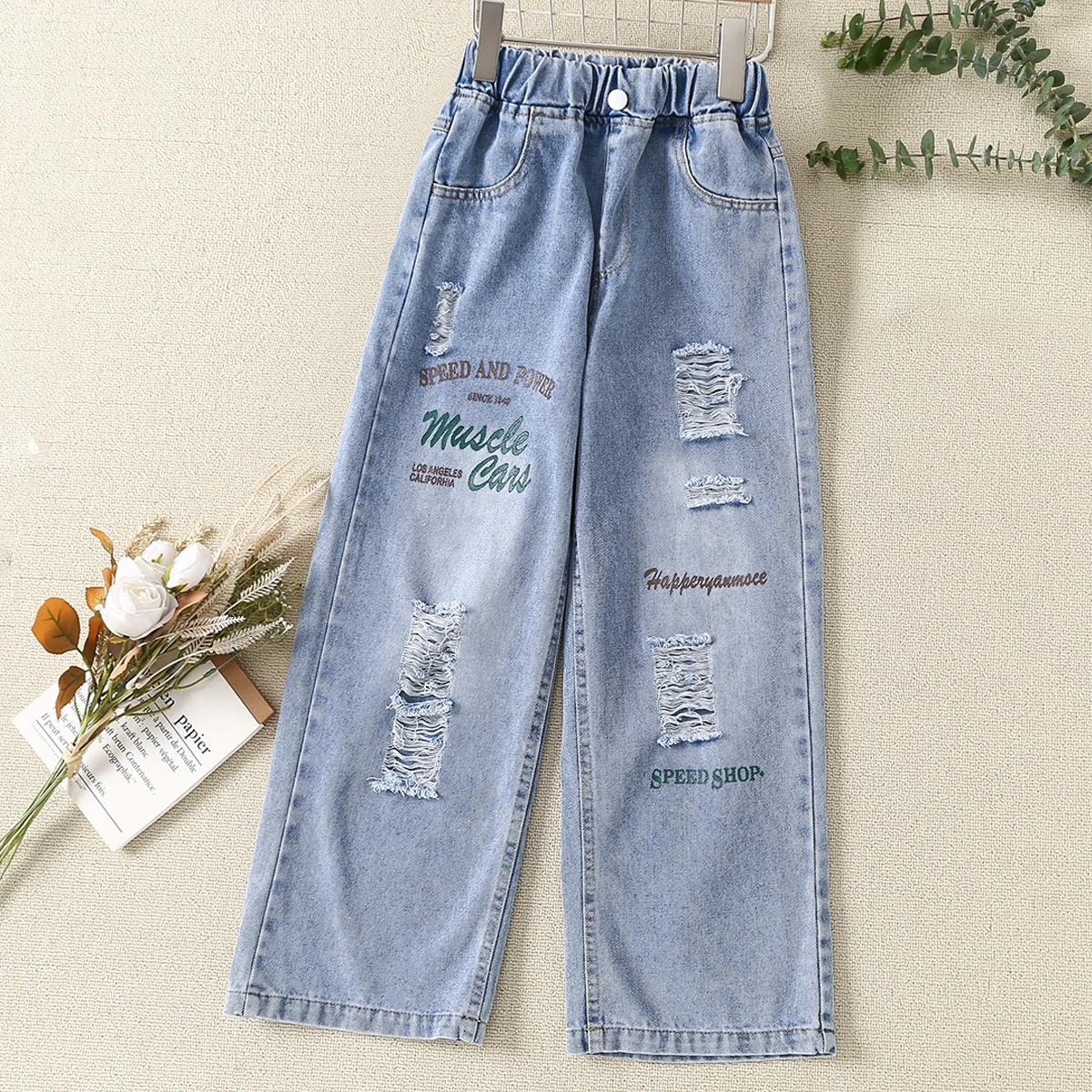 Teenagers Kids Jeans for Girls Denim Pants Wide-legged Spring Autumn Cotton Children Clothes Baby Trousers 4 6 8 10 12 14 Years