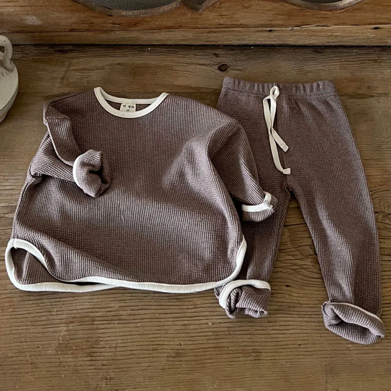 Sweat-shirt et pantalon en coton gaufré pour enfants, ensemble de vêtements décontractés pour enfants, tenues rayées pour bébés garçons et filles,