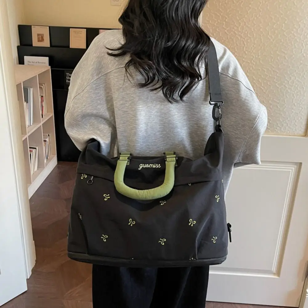 Large Capacity Travel Luggage Bag Extensible Wear-resistant Crossbody Bag Bows Embroidery Dry and Wet Separation Gym Bag