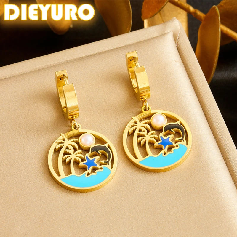 DIEYURO 316L Stainless Steel Coconut Tree Dolphin Pearl Circular Hollow Out Earrings Women New Current Ear Jewelry Gift Party