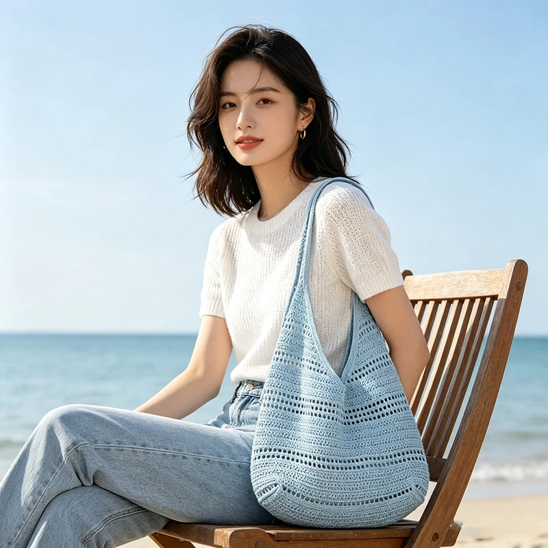 Hohlgestrickte Unterarm-Schultertasche, koreanische Damen-Handtasche, süß, niedlich, schlicht, einfarbig, gewebte Handtasche, lässige Tragetasche für Pendeln und Reisen – Detail 15