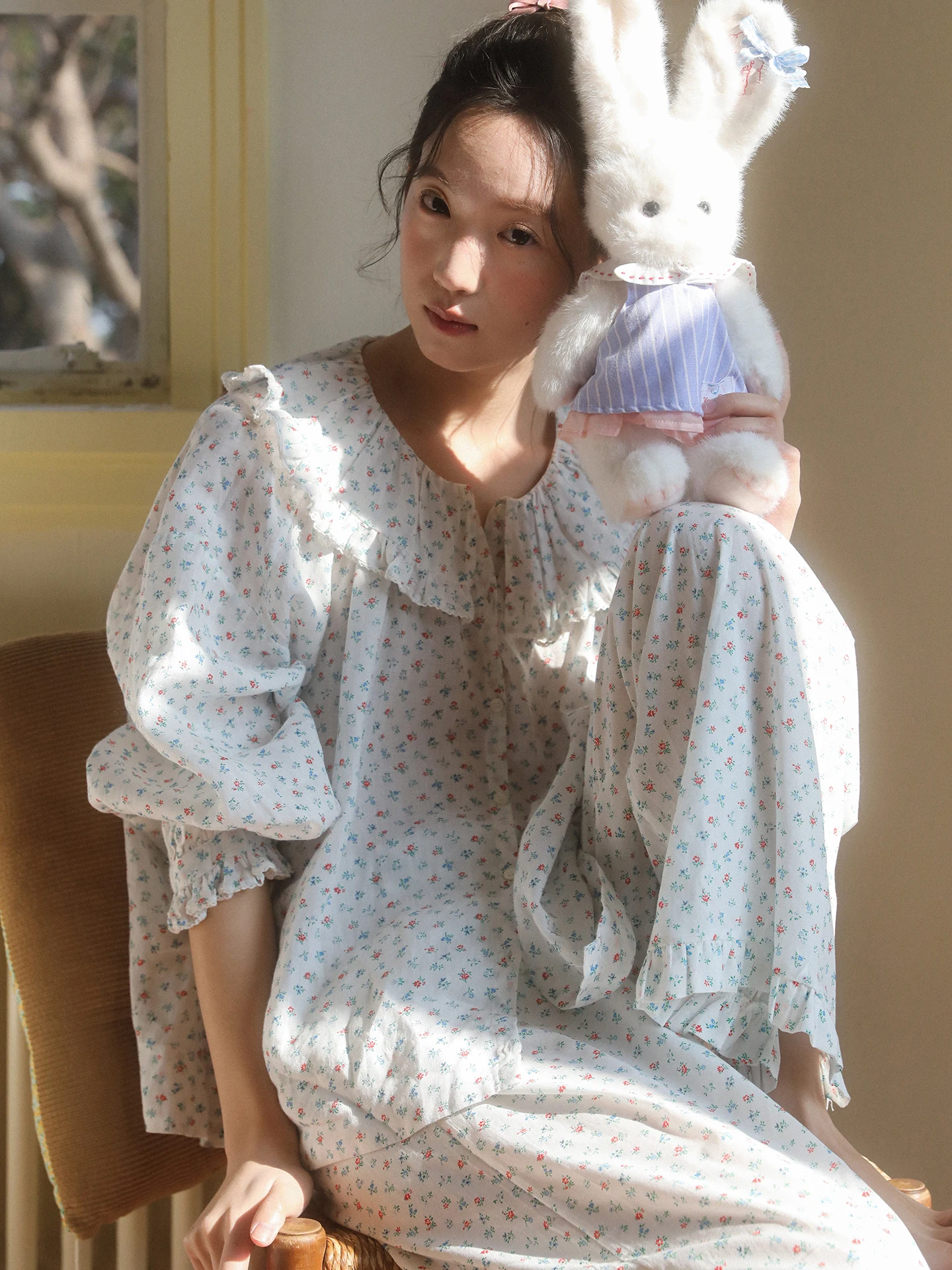 retro-floral-sleepwear-women's-full-cotton-sweet-lace-wide-leg-pants-loose-comfortable-home-clothes-set-suitable-for-outdoor