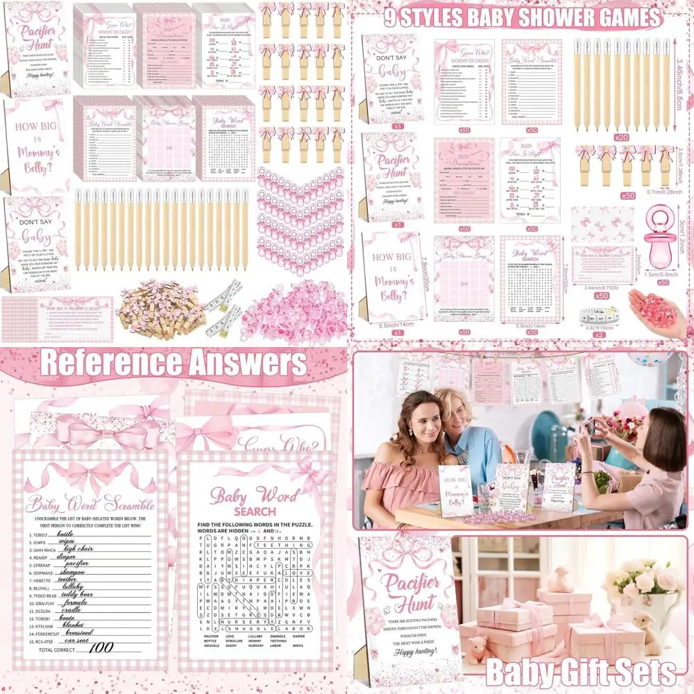 

6-Set Pink Bow Coquette Baby Shower Game Pack: Pacifier Hunt, Belly Size Guess, & More Activities