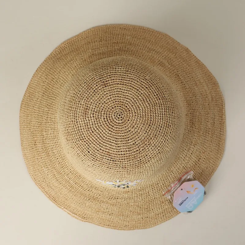 USPOP Daisy Embroidery Raffia Bucket Hat Women Foldable Summer Straw Hat Wide Brim Beach Sun Hat Adjustable Lightweight