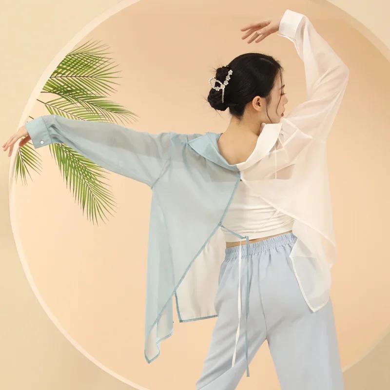 قميص شيفون فضفاض بلون مزدوج للبالغين ، رأس باليه كلاسيكي ، لون متباين ، أزياء رقص معاصر ، قافية جسم منقسمة من الخلف