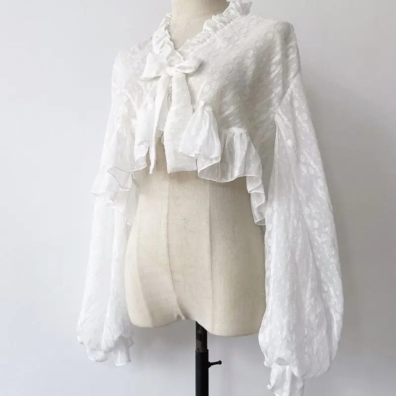 Lolita Chiffon Lantaarn Mouw Vest Vrouwen Herfst Zoete Strik Gebonden Ruche Korte Shirts Japanse Fee Veelzijdige Tops