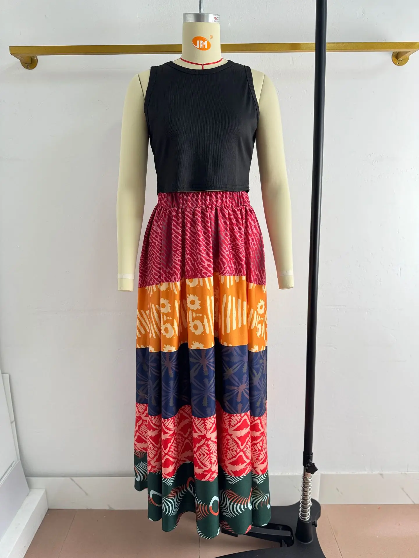Boho African Print Women Maxi Skirt Color Block Tiered Long Skirt Elastic Waist A-line Skirt With Pocket