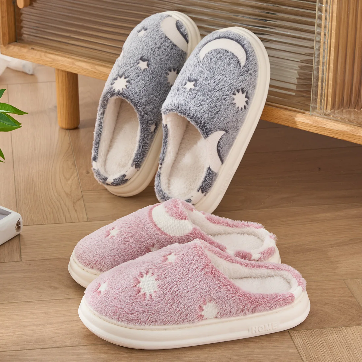 Autumn Winter starry sky moon Cotton Slippers Women  Men New Style Indoor Anti slip Warm Couple Plush Luminous Floor Slippers