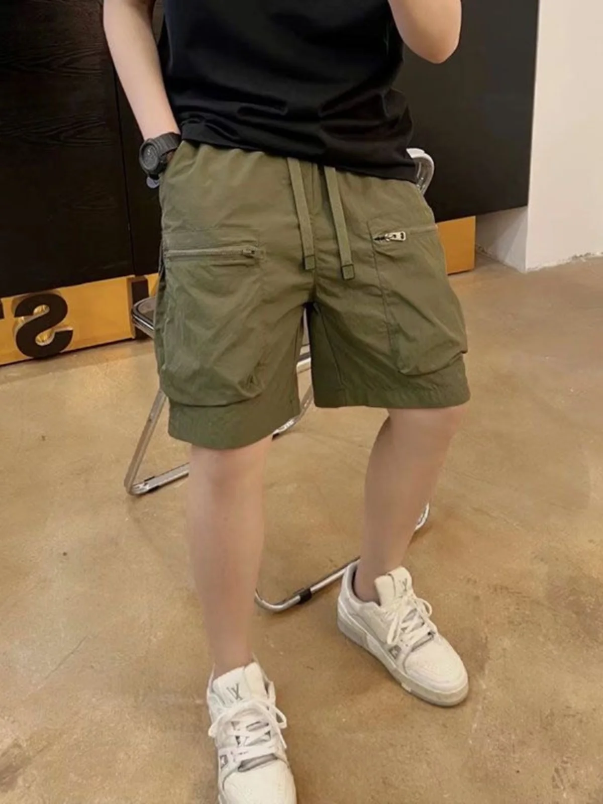 

Summer Thin Workwear orts Ice Silk Beach Five-Quarter Pants Zipper Decorative Loose Fit Qui Dry Youthful Sle Cargo orts