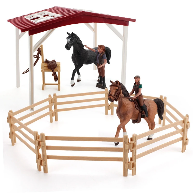 Kids Toys Steed Model Simulated Racecourse Scene Horse Shed Fence Set Animal Figures Horse Trainer DIY Desktop Ornaments