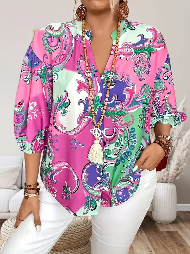 

Плюс размер 1XL-5XL, весна-лето, женская модная рубашка с v-образным вырезом и цветочным принтом, элегантная рубашка на пуговицах спереди, одежда