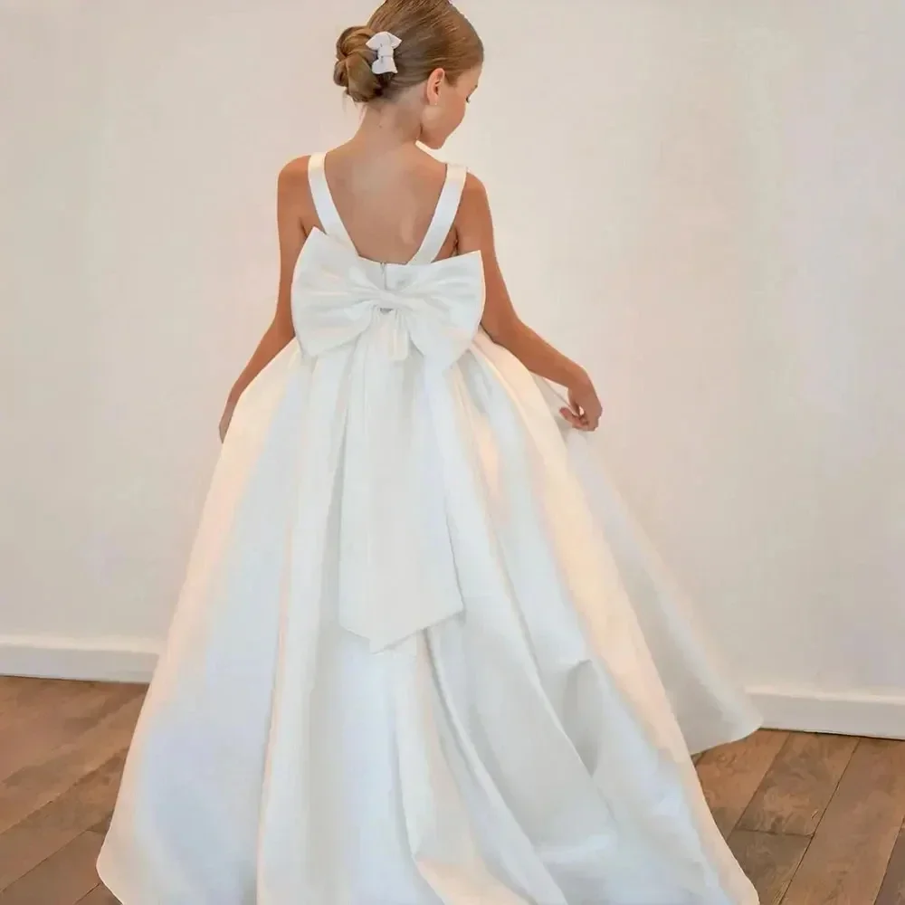 

JDY Elegant White Long Satin Flower Girl Dress Bowknot Sleeveless Wedding Party Gown First Communion Dress For Girls Birthday