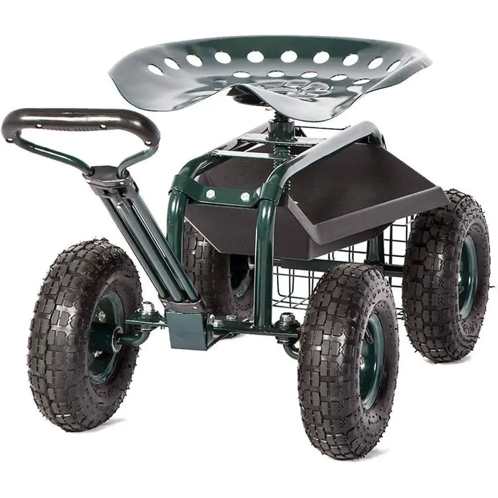 

Heavy-Duty Garden Cart with Rolling Seat and Tool Tray for Planting and Gardening