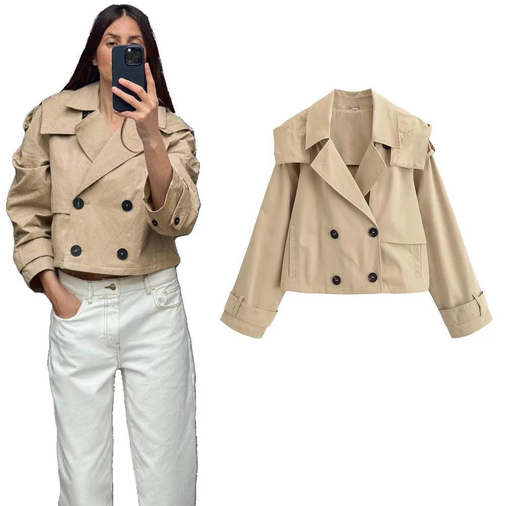 

Elegant Autumn Women's Trench Jacket Khaki Lapel Collar Double Breasted Hooded Lady's Coat Commuting Office Outwear For Female