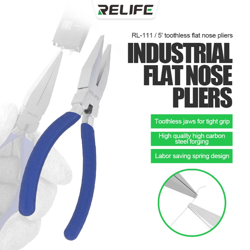 

RELIFE RL-111 5' Toothless Flat Nose Pliers Toothless Jaws Close Tightly High Quality High Carbon Steel for Mobile Phone Repair