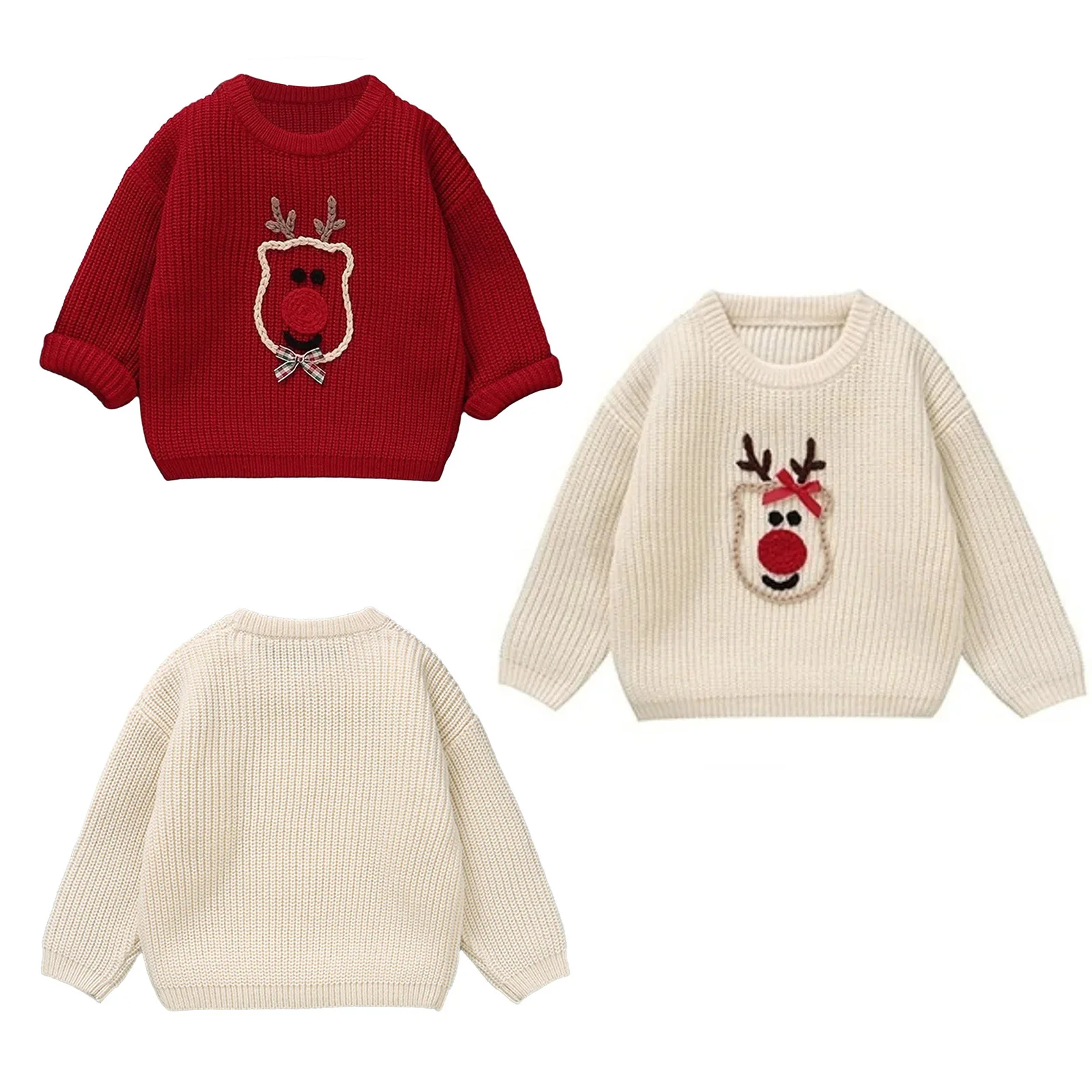 

Toddler Baby Christmas Knit Sweater Cute Elk Embroidery Long Sleeves Knitted Pullover Sweatshirt Xmas Party Kids Warm Clothing