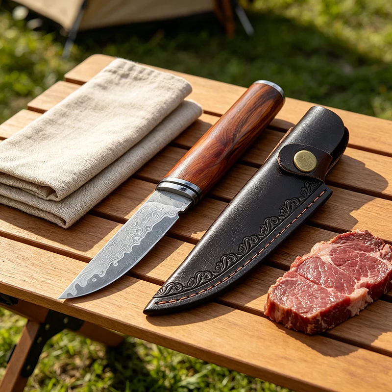 Damascus Steel Outdoor Knife Portable Hunting Camping & BBQ Handheld Meat Knife Boning Knives with Sheath view 3