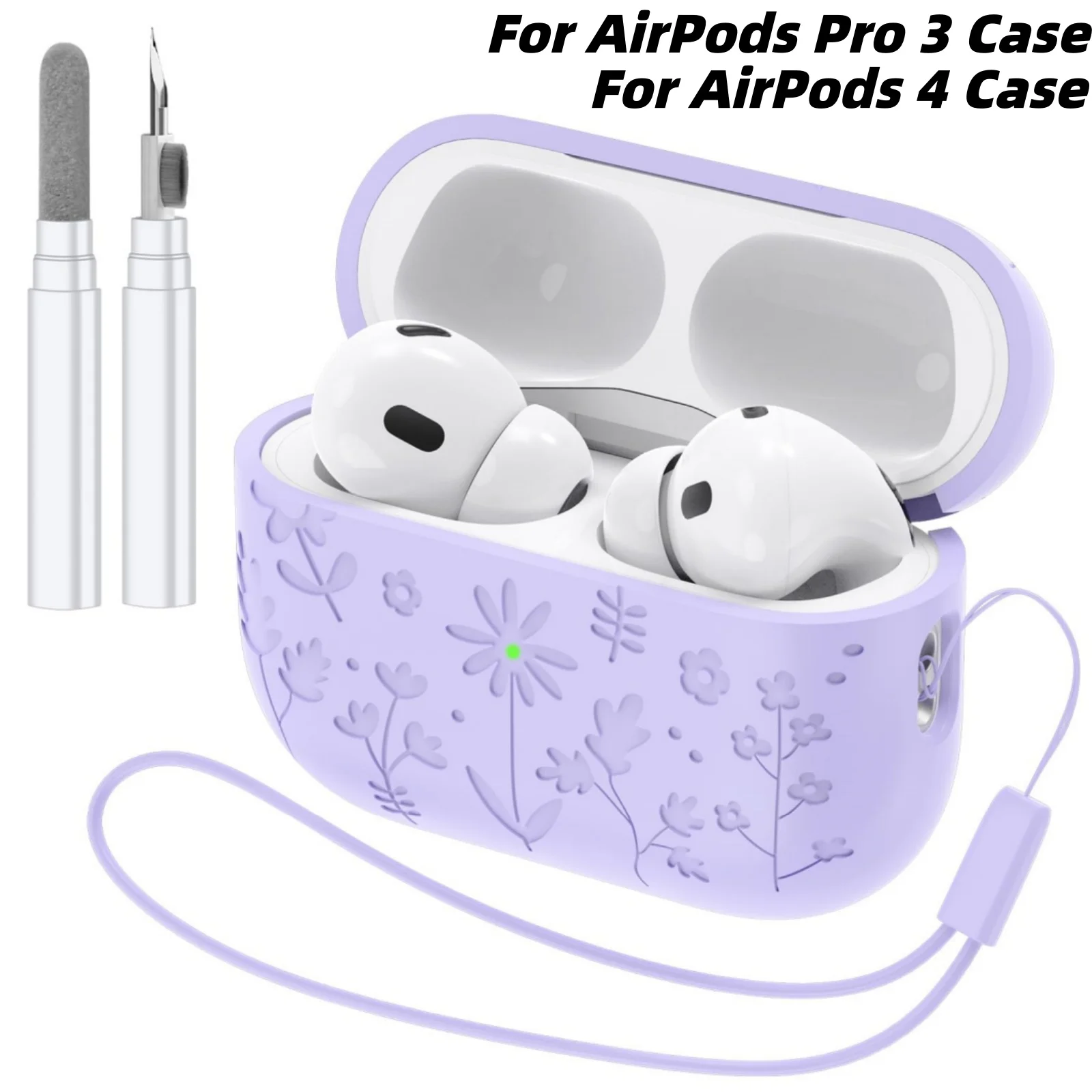 for AirPods 4/Pro 3 Flora Engraved Design Case for AirPods 4 Cover Protective Silicone flower with Keychain for Airpods Pro 3/4