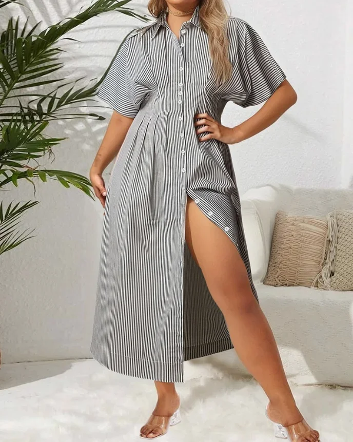 CPSYMYM Womens Dresses Spirng Striped Print Half Sleeve Rucded Front Button Shirt Dress Casual Turn-Down Collar Long Dre
