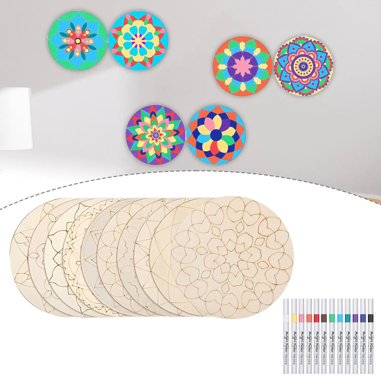 10 Pieces Unfinished Wood Cutouts Wooden Mandala Painting Set for DIY Crafts