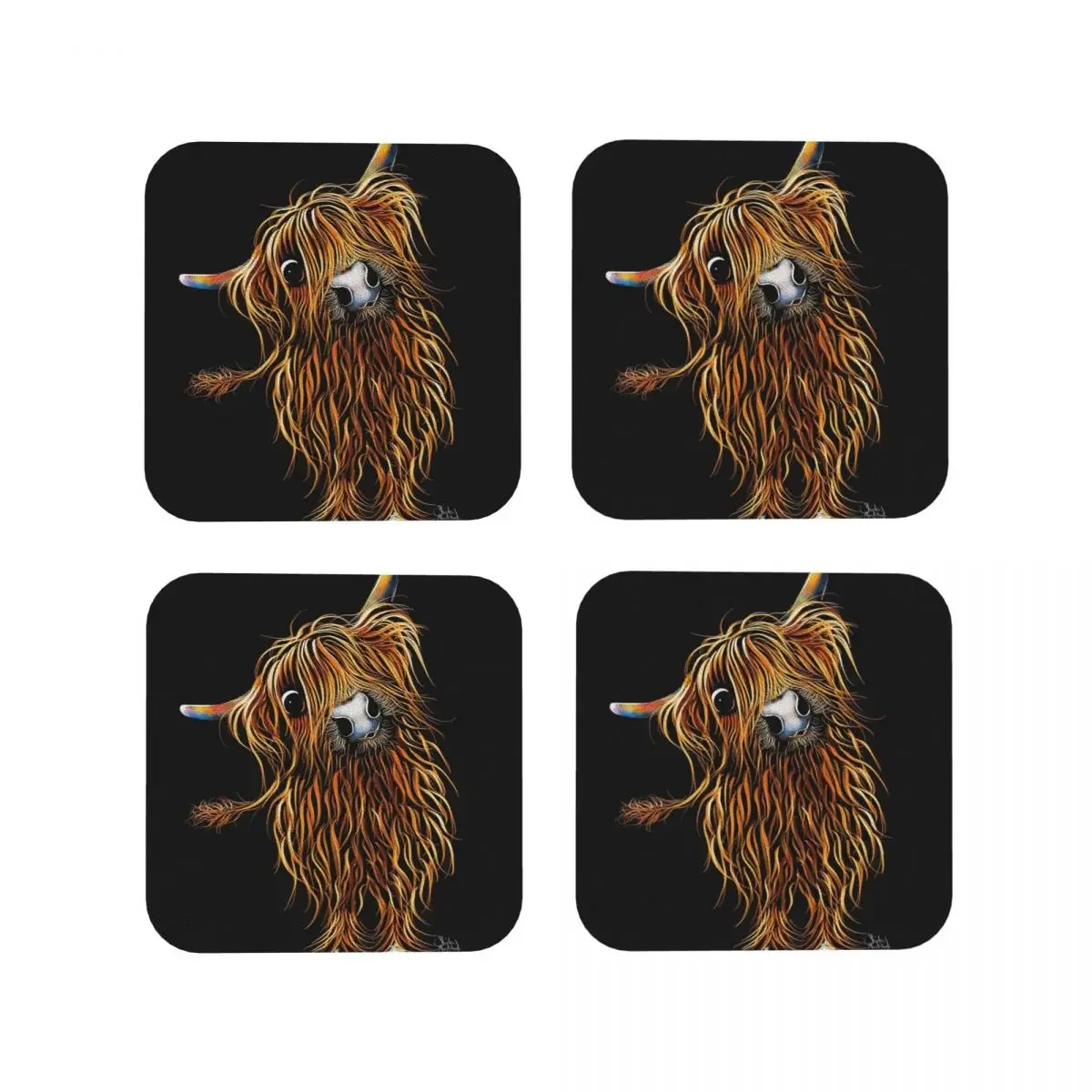 Highland Cow Print Scottish Coasters Coffee Mats Set of 4 Placemats Mug Tableware Decoration & Accessories Pads for Home Kitchen