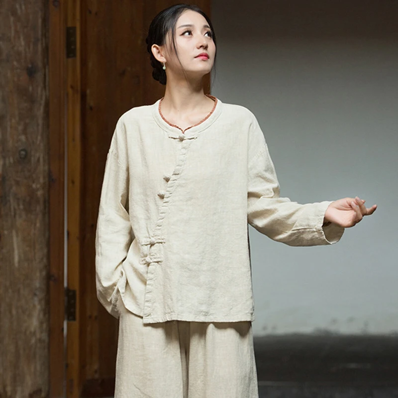 النمط الصيني المرأة القطن الكتان قميص غير رسمي جديد وصول 2025 الخريف س الرقبة عادي اللون الإناث طويلة الأكمام بلايز قمصان M1970