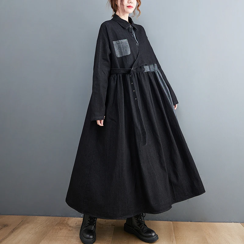 Printemps 2025 décontracté couleur ample Blo Long Sve Denim Dr Design Sense petit ence Ele Long Dr