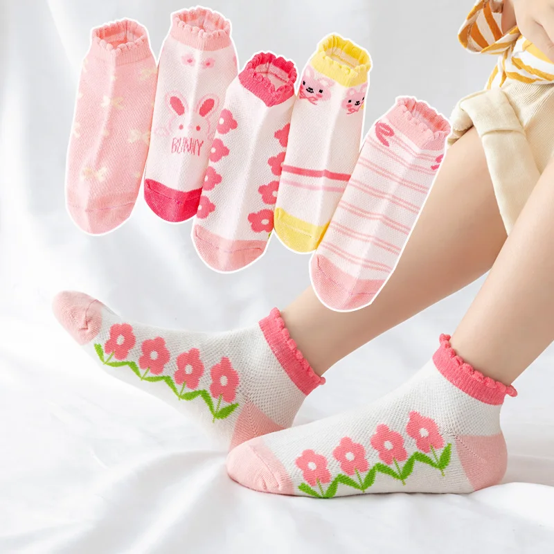 5 pairs of girls\' socks, summer mesh, soft, breathable, ultra-thin, non-stuffy, baby princess socks, cute and sweet style