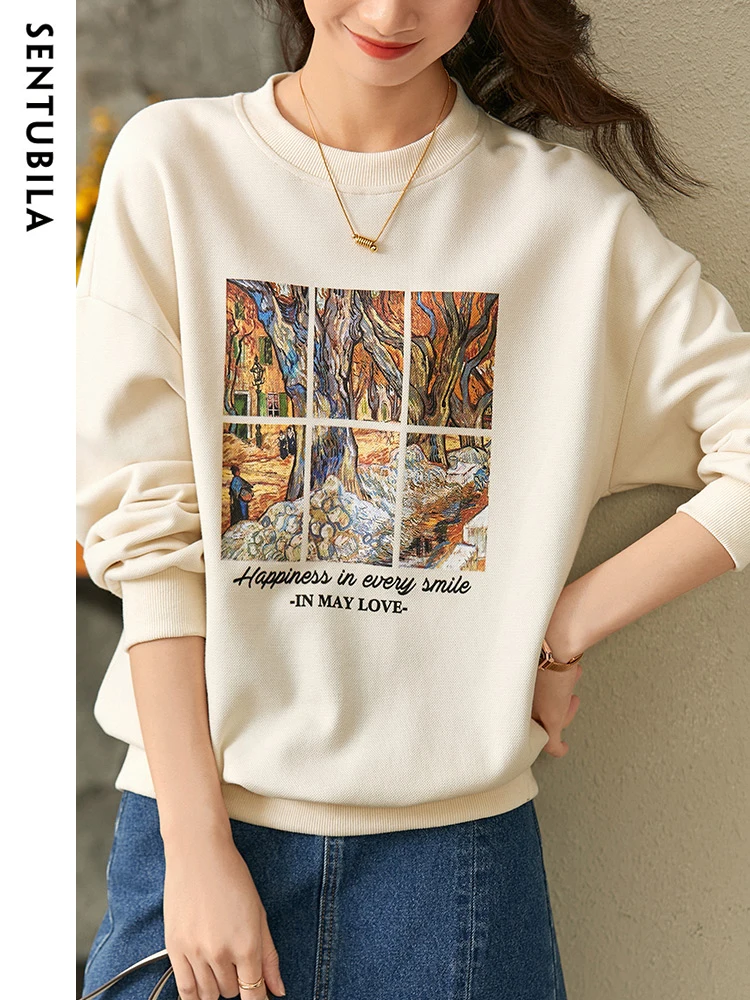 SENTUBILA Graphic Print Sweatshirts Long Sleeve Tops for Women 2024 Spring Autumn Casual Loose Letter Pullover Female 113A37836