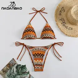 Nadanbao seksowne dzianinowe zestawy Bikini we wzory w kwiaty stroje kąpielowe kobiety brązowe bez pleców, modna kostium kąpielowy damski Halter impreza na plaży Bikini