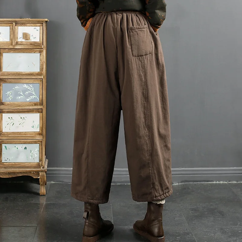 Winter Women Loose Straight Leg Pants Fashion Casual Vintage Multi Pocket Warm Trousers Female Thicken Cotton Ankle-Length Pants